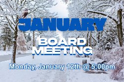 snowy pathway with park bench advertising January board meeting on January 12, 2025